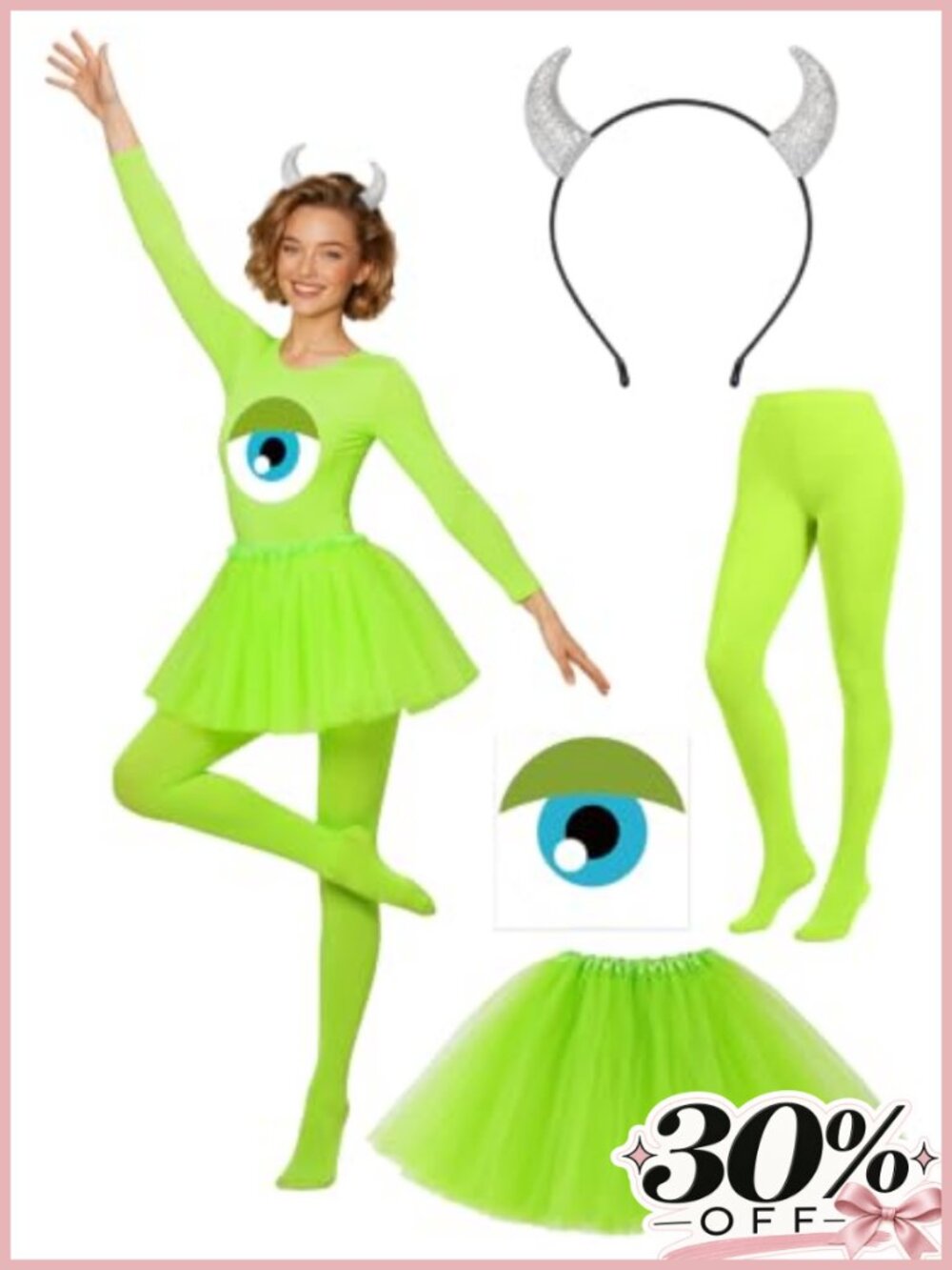 Women's Halloween Costume Accessory Set Green Monster Tutu Devil Horns Adult